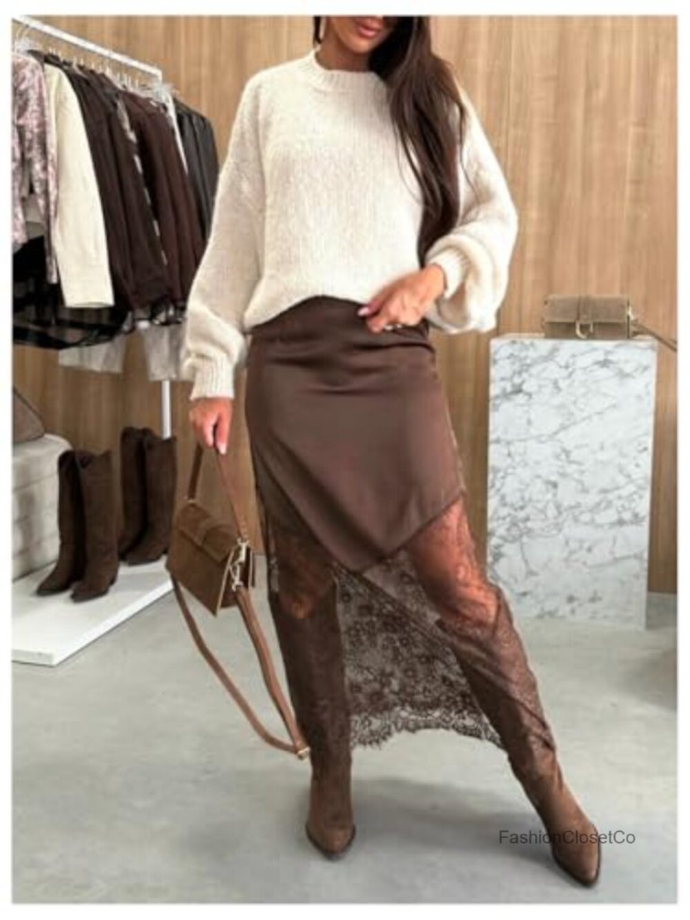 Lace Maxi Skirt Satin Asymmetrical High Waist Bodycon - Picture 3 of 4